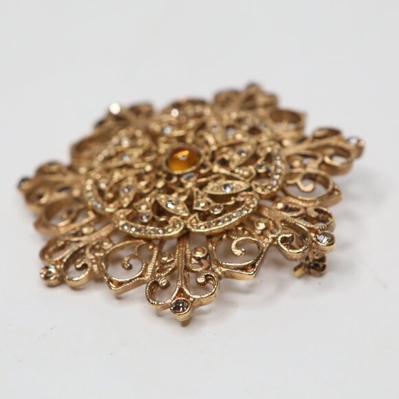 Vintage Gold Tone Starburst Brooch Large Pin Retro Jewelry Clear Amber Stones - Picture 5 of 7